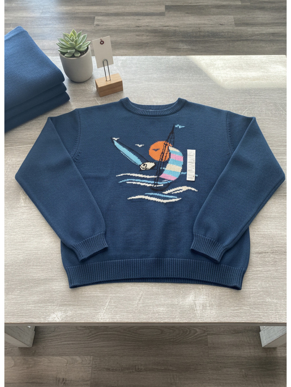 Vintage Blue Crewneck Sweater with Sailboat Design